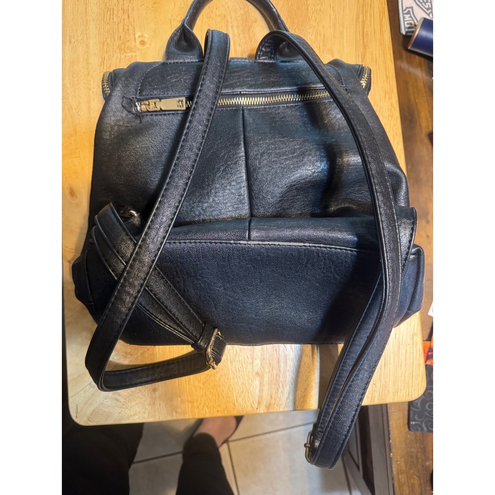 Mystique Black Vegan Leather Tassel Backpack Gold Hardware Striped Lining - Picture 2 of 7